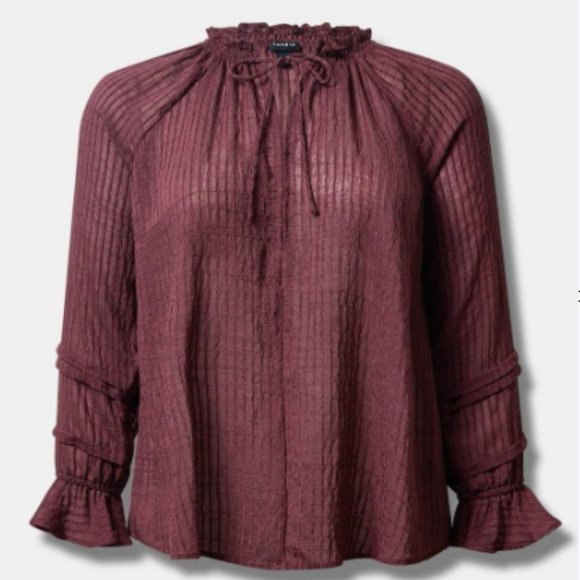 NWT- Torrid Burgundy Stripe Gauze Front Tie Lace-Up Peasant Blouse - Picture 3 of 3